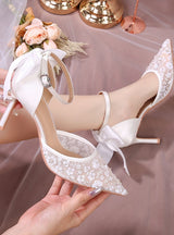 White Satin High-heeled Thin Pointed Bow Shoes