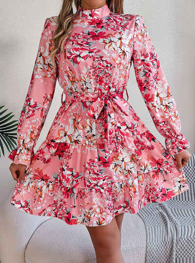 Stand-up Collar Flower Long Sleeve Dress