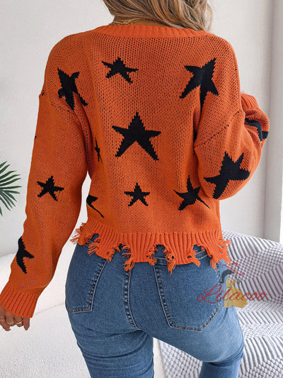 Leisure V-neck Star Long Sleeve Knitted Sweater