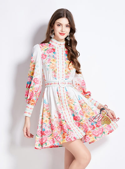 Retro Palace Stand-up Collar Breasted Lantern Sleeve Dress