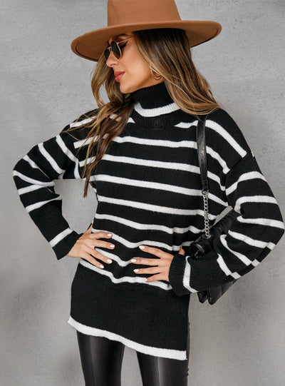 Round Neck Cotton Striped Split Sweater