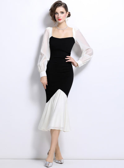 Square Neck Contrast Stitching Slim Dress