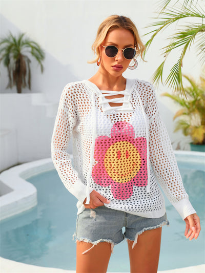 Hooded Printed Beach Holiday Long Sleeve Cover Up