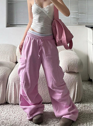 Pink Pocket Drawstring High Waist Pant