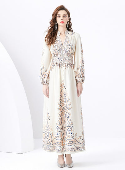 Holiday Palace Style V-neck Long Retro Printed Dress