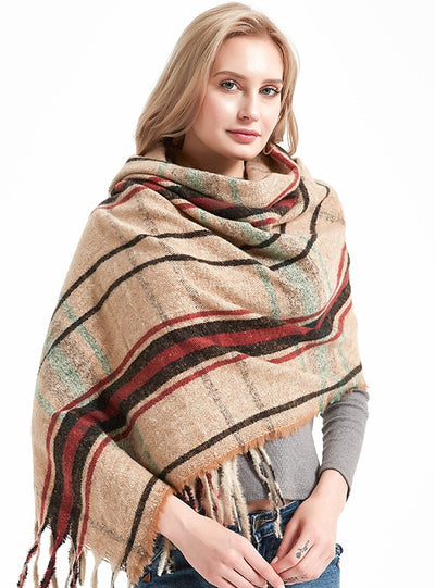 Women Plaid Fringed Scarf Shawl