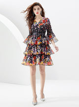 Printed Ruffled Short Flared Sleeve Dress