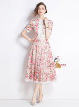 Retro Elegant Lace Stitching Printed Dress