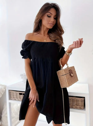 Short-sleeved Pleated Solid Color Dress