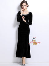 Velvet Retro Black Slim Long Sleeve Dress