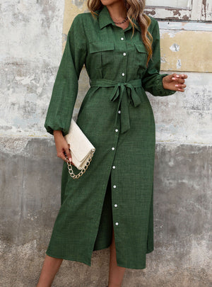 Lapel Green Long Sleeve Solid Color Dress