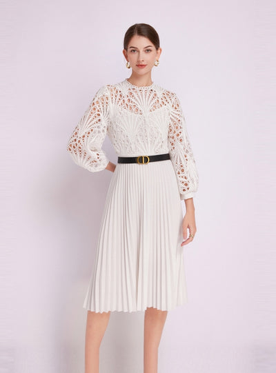 Lace Crocheted Openwork Pleated Dress with Belt