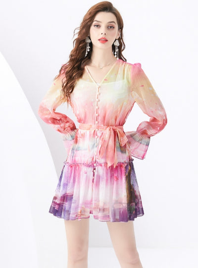 V-neck Lantern Sleeve Mini Print Dress