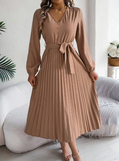 V-neck Button Big Swing Pleated Long Dress