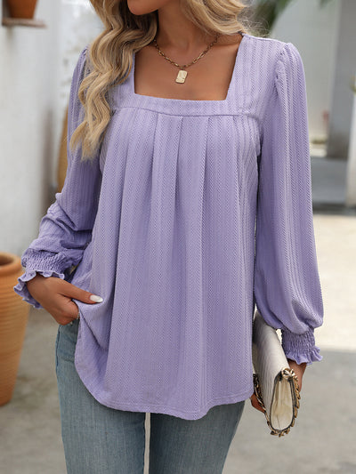 Bubble Sleeve Square Neck Pleated Long Sleeve T-shirt