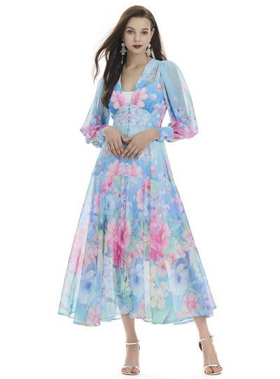 Lantern Sleeve Printed Chiffon Dress