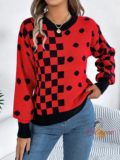 Leisure Contrast Polka Dot Lantern Sleeve Sweater