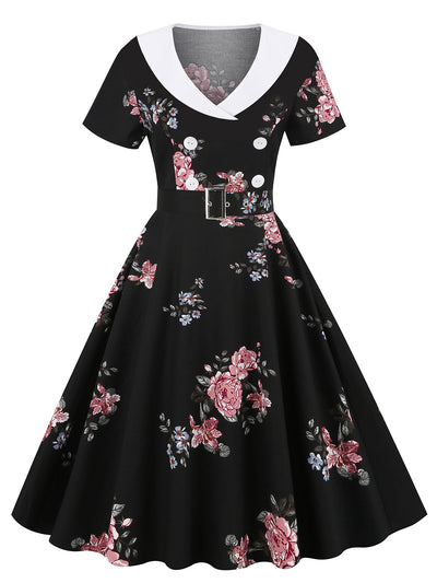 Retro Printed Stitching Hepburn Dress