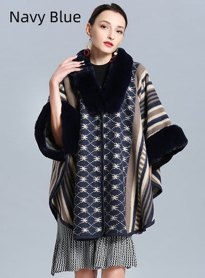 Fur Collar Knitted Shawl Cloak Coat