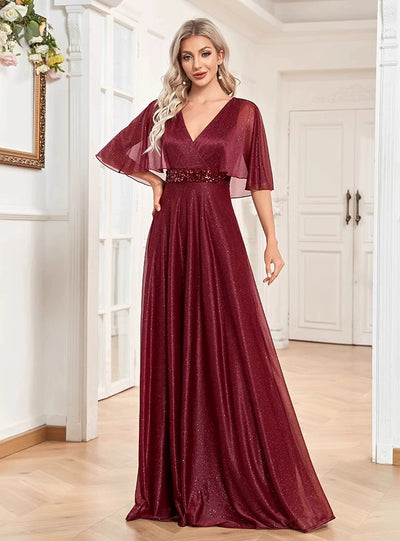 V-neck Bat Sleeve Prom Dress