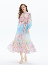 Lantern Sleeve Printed V-neck Chiffon Ruffled Dress