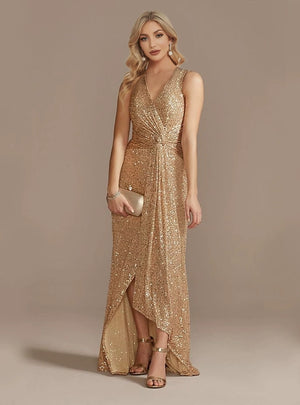 Champagne Sequins V-neck Split Prom Dress