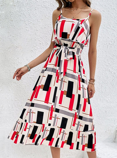 Striped Printed Lace-up Straps Dress