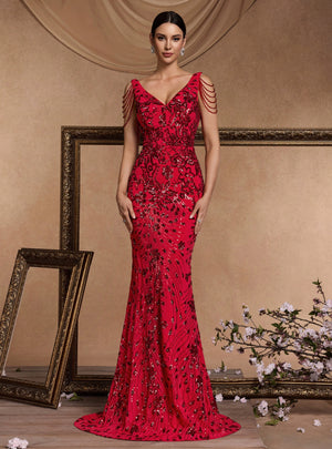 Red Mermaid Sequins V-neck Prom Dress