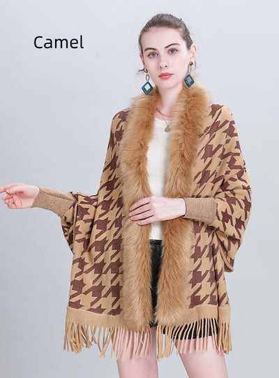 Shawl Houndstooth Fur Collar Fringed Shawl