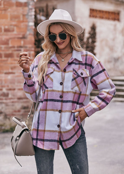 Autumn and Winter Casual Plaid Loose Pocket Coat