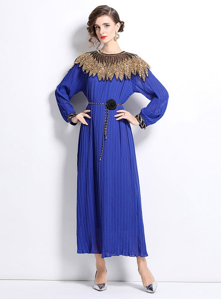 Heavy Industry Beaded Lantern Sleeve Pleated Dress