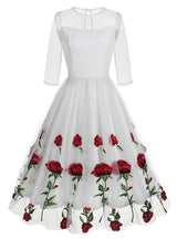 Round Neck Gauze Rose Embroidery Retro Dress