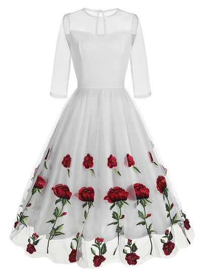 Round Neck Gauze Rose Embroidery Retro Dress