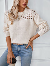 Hollow Pullover Solid Color Round Neck Sweater