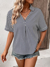 V-neck Striped Shirt Pullover Top