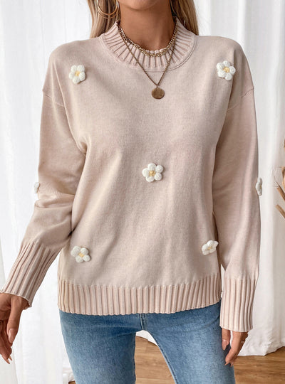 Flower-decorated Knitted Turtleneck Sweater