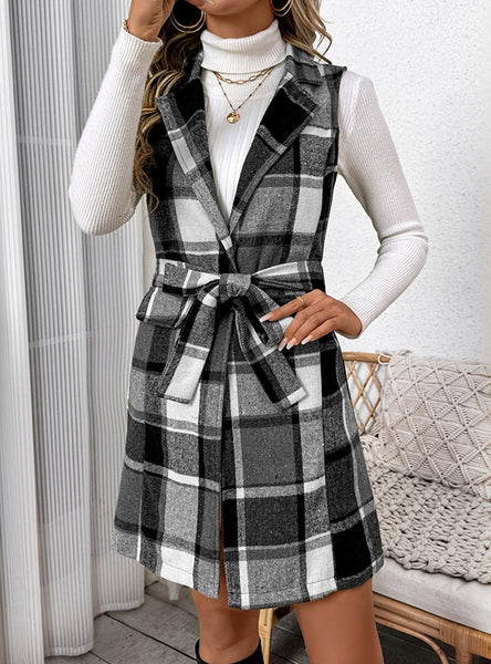 Checked Silm Waist Suit Collar Sleeveless Vest