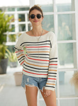 Striped Rainbow Contrast Stitching Loose Sweater