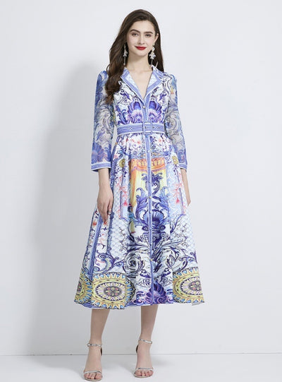 Retro Printed Long-sleeved Long Ruffled Dress