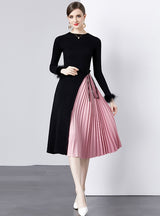 Round Neck Long Sleeve Feather Stitching Dress