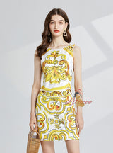 Yellow Porcelain Round Neck Print Dress