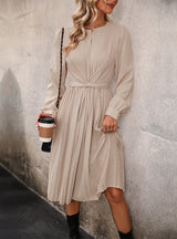 Solid Color Long Sleeve Pleated Dress