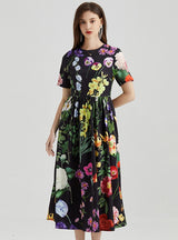 Flower Printed Short-sleeved Big Swing Dress