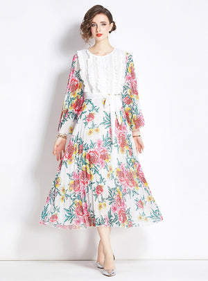 Printed Lace Stitching Pleated Dress