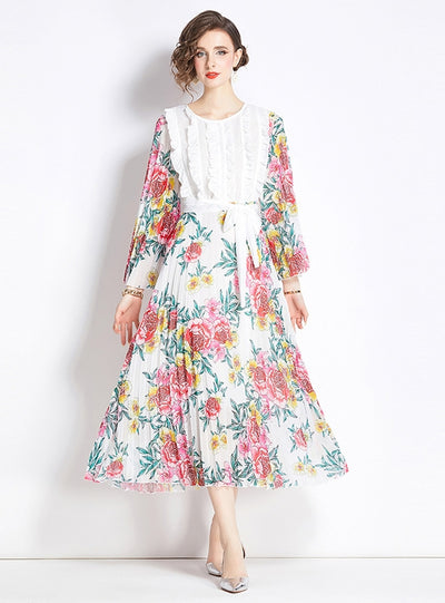 Printed Lace Stitching Pleated Dress