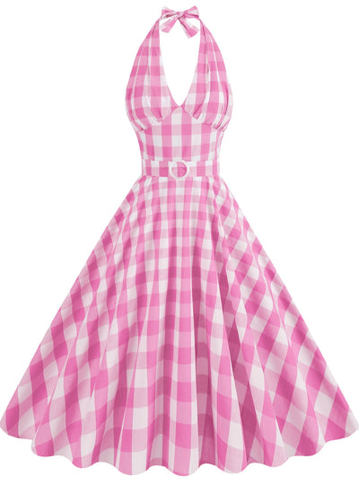 Sexy Deep V-neck Check Retro Dress