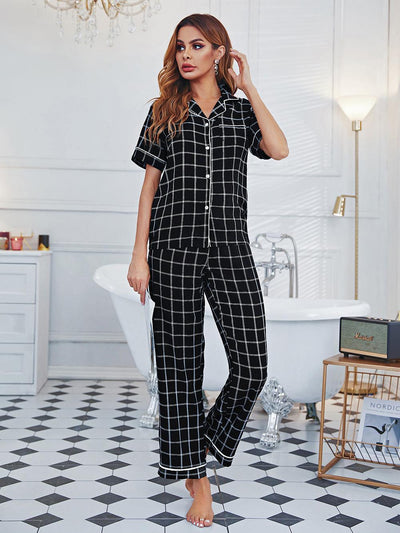 Plaid Top Short Sleeve Trousers Pajamas Suit