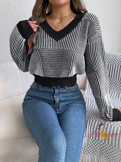 Casual Striped Lantern Sleeve Short Sweater