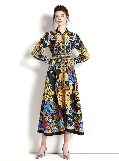 Palace Style Lantern Sleeves Printed Dress