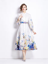 Retro Standing Lantern Sleeve Printed Long Sleeve Dress